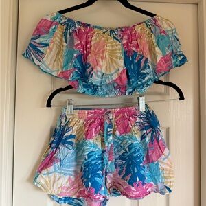 Tropical Print Off-Shoulder Women Shorts Set